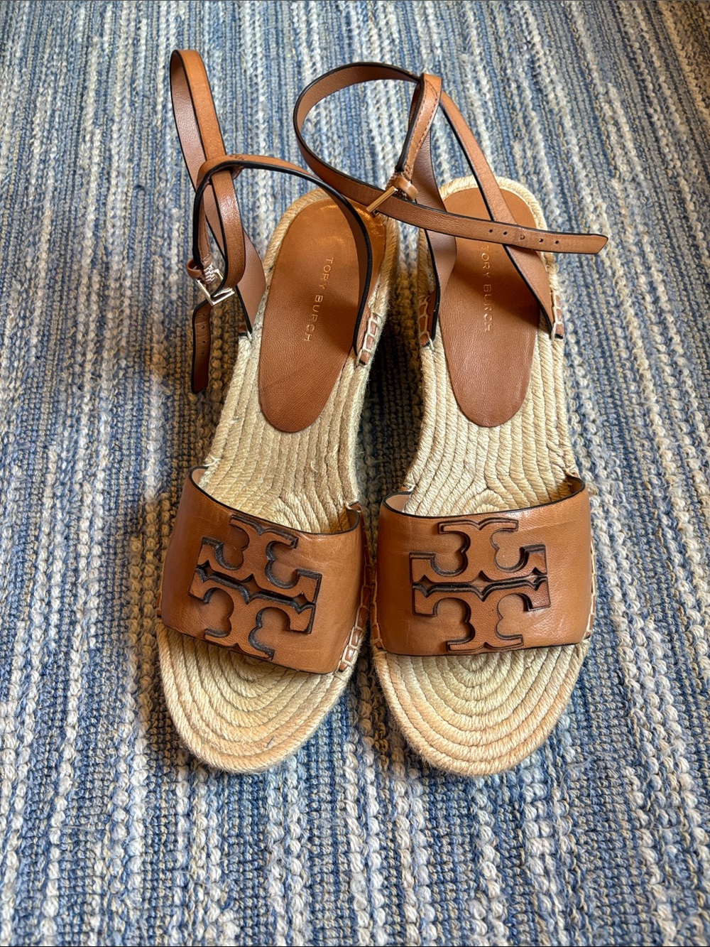Tory Burch Cognac Leather Espadrille Wedge Sandals - Picture 2 of 5